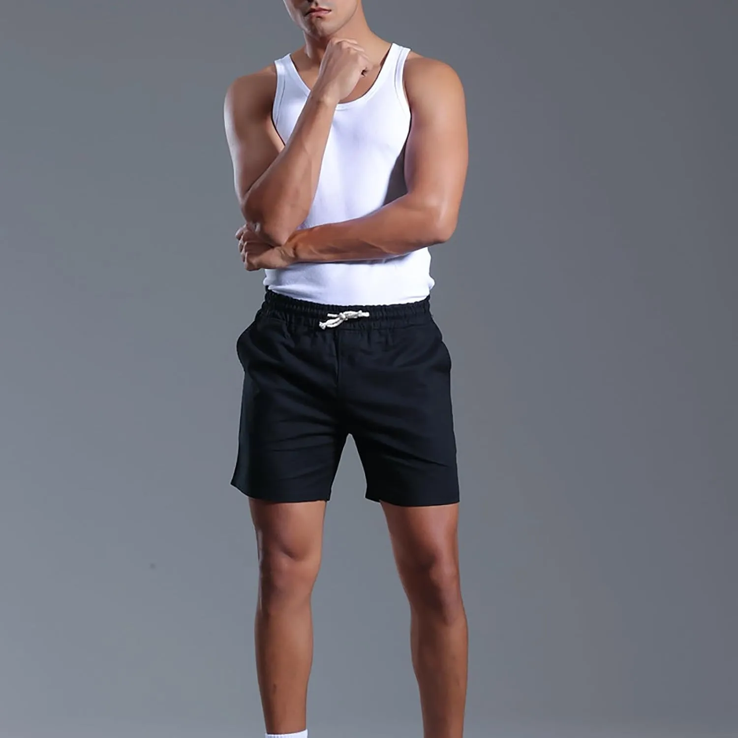 Mens Cotton Linen Classic 7 Inch Shorts with Pockets Elastic Waist Drawstring Athletic Fit Lightweight Running Short for Men