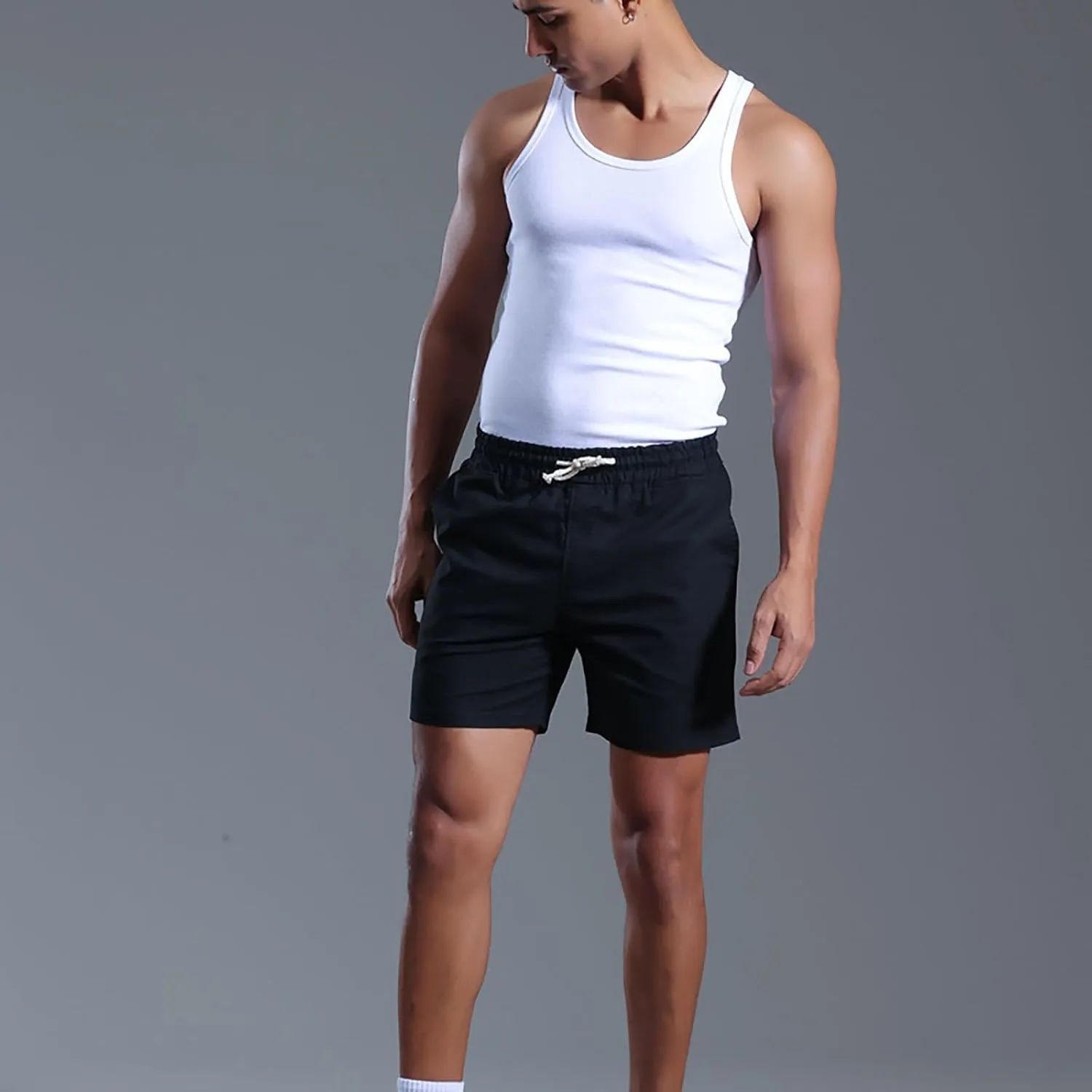 Mens Cotton Linen Classic 7 Inch Shorts with Pockets Elastic Waist Drawstring Athletic Fit Lightweight Running Short for Men