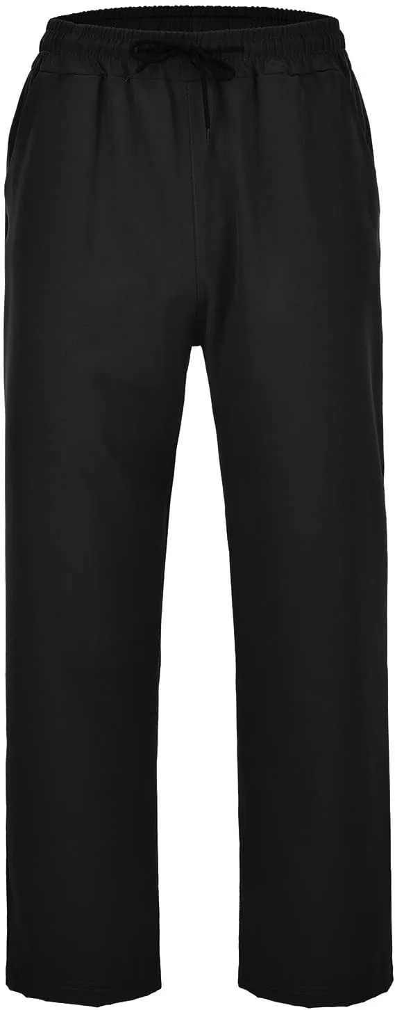 Mens Cotton Linen Pants Drawstring Elastic Waist Straight Leg Pant Workout Sport Pants Multi-Pocket Trousers