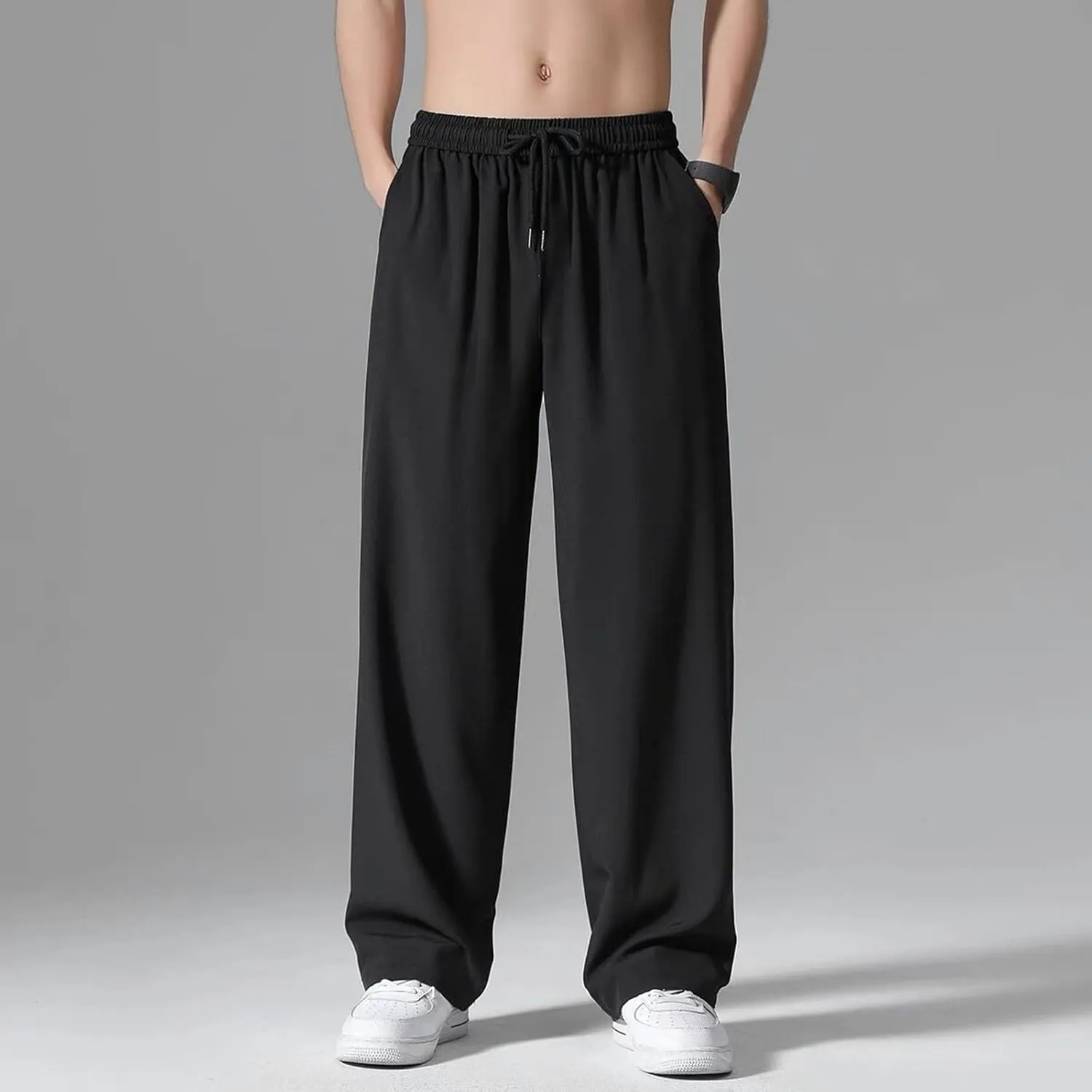 Mens Cotton Linen Pants Drawstring Elastic Waist Straight Leg Pant Workout Sport Pants Multi-Pocket Trousers