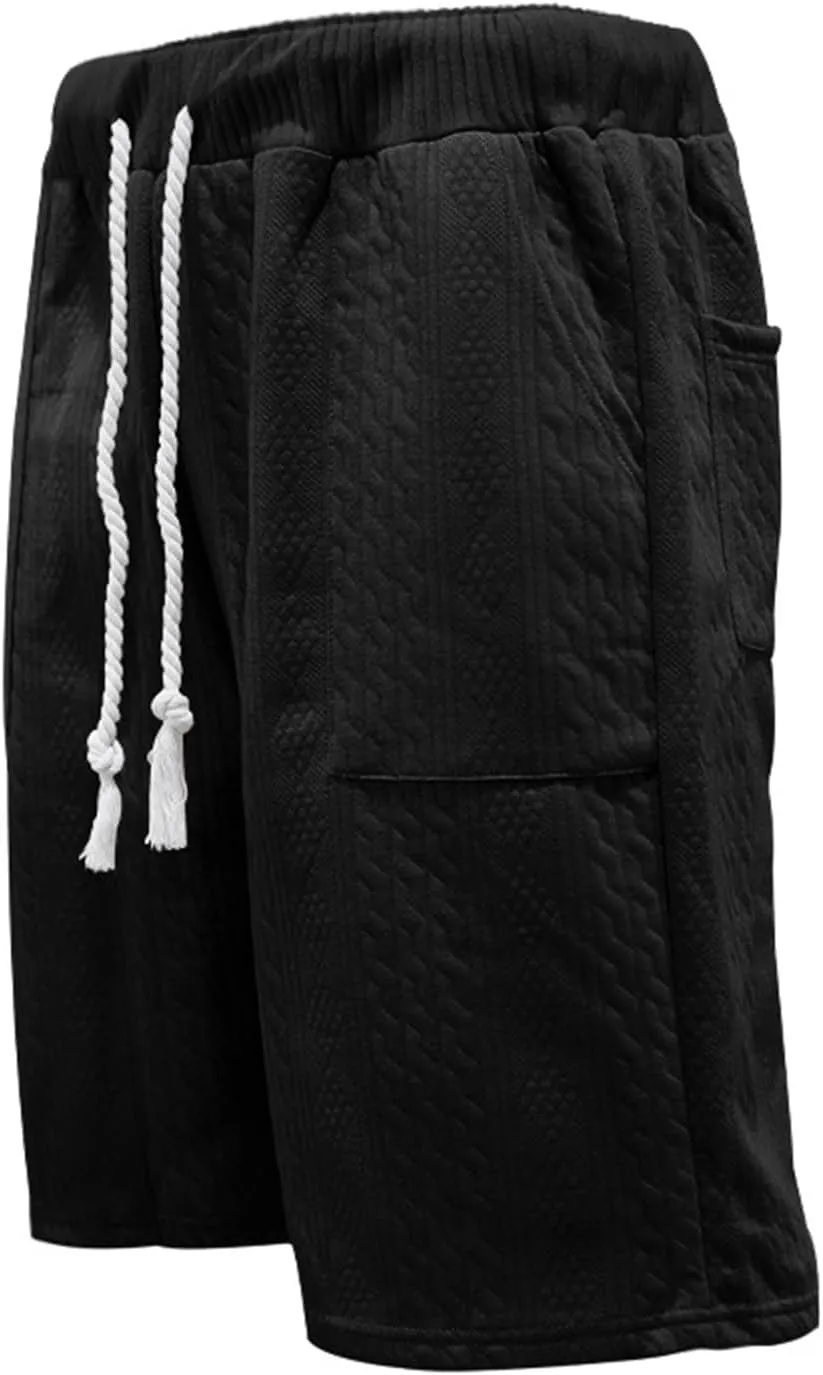 Mens Cozy Casual Shorts Expandable Drawstring Waisted Textured Solid Bermuda Summer Lightweight Comfortable Daily Home Pants