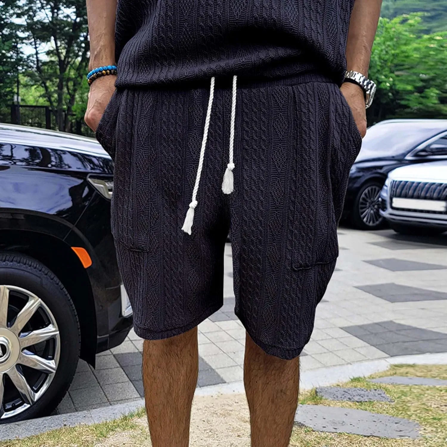 Mens Cozy Casual Shorts Expandable Drawstring Waisted Textured Solid Bermuda Summer Lightweight Comfortable Daily Home Pants