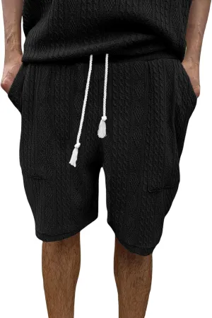 Mens Cozy Casual Shorts Expandable Drawstring Waisted Textured Solid Bermuda Summer Lightweight Comfortable Daily Home Pants