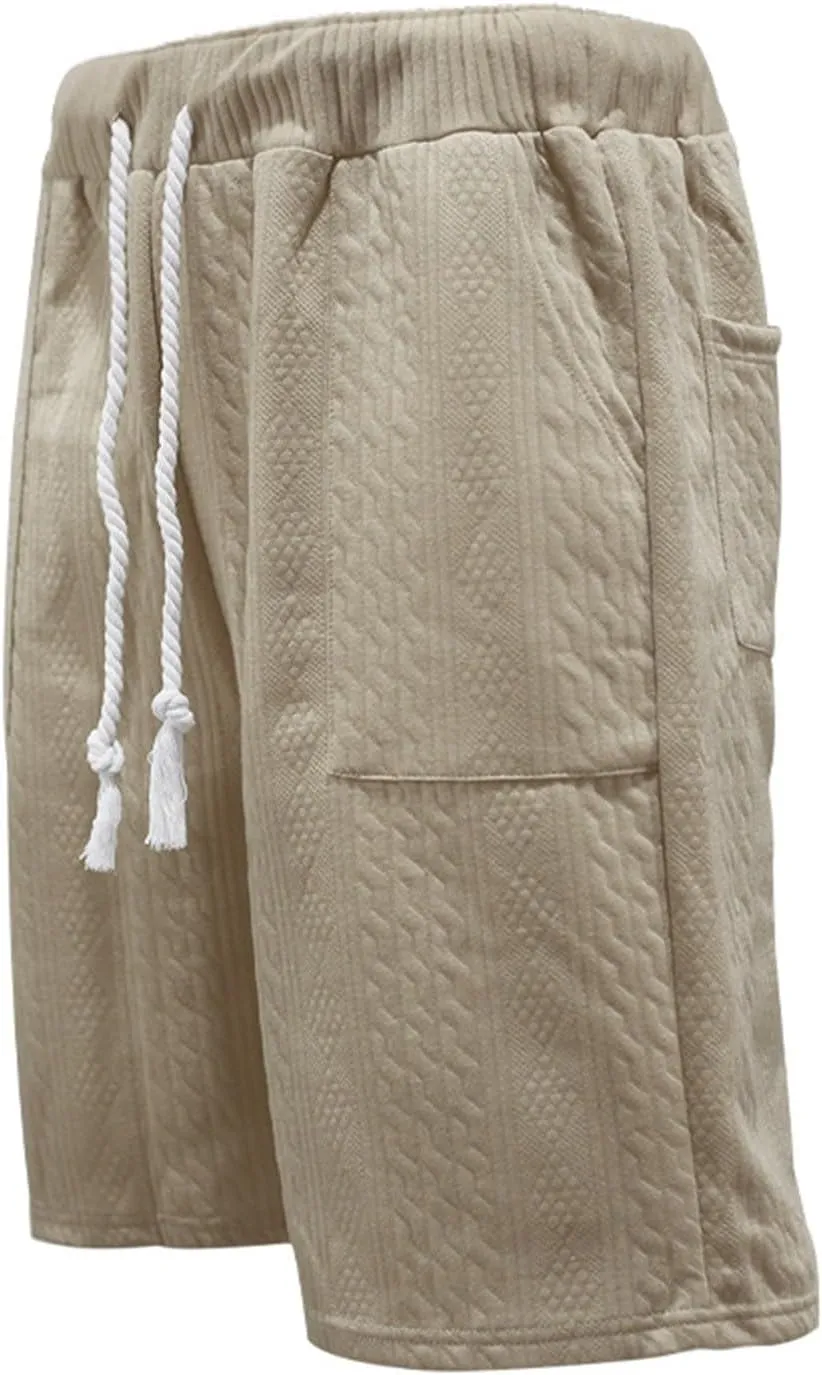 Mens Cozy Casual Shorts Expandable Drawstring Waisted Textured Solid Bermuda Summer Lightweight Comfortable Daily Home Pants