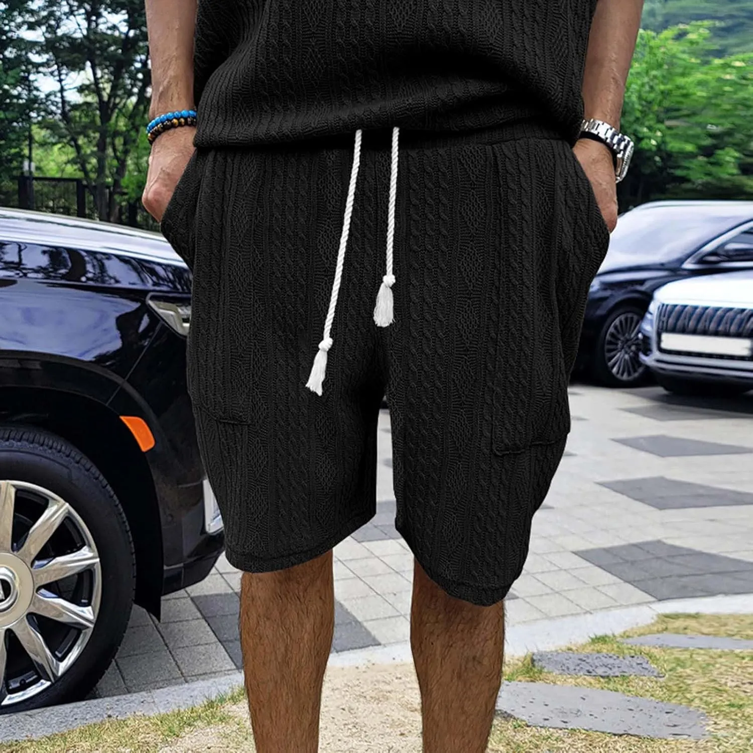 Mens Cozy Casual Shorts Expandable Drawstring Waisted Textured Solid Bermuda Summer Lightweight Comfortable Daily Home Pants