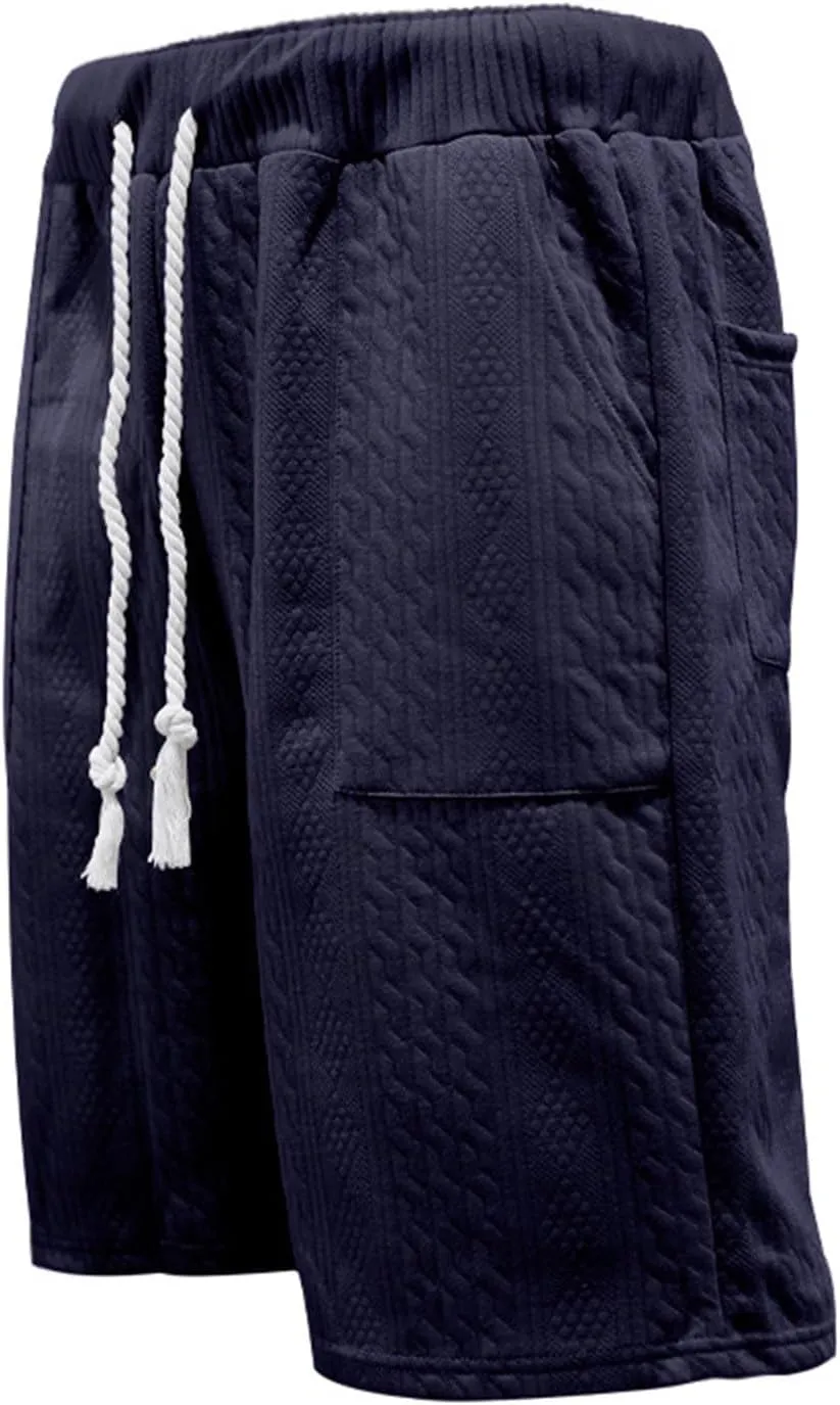 Mens Cozy Casual Shorts Expandable Drawstring Waisted Textured Solid Bermuda Summer Lightweight Comfortable Daily Home Pants