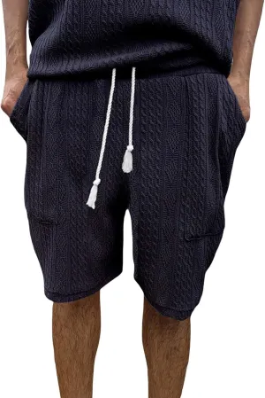 Mens Cozy Casual Shorts Expandable Drawstring Waisted Textured Solid Bermuda Summer Lightweight Comfortable Daily Home Pants