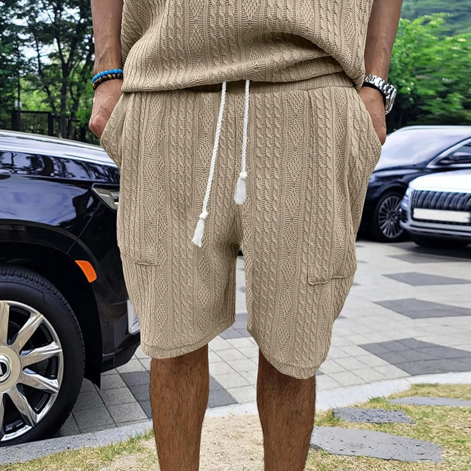 Mens Cozy Casual Shorts Expandable Drawstring Waisted Textured Solid Bermuda Summer Lightweight Comfortable Daily Home Pants
