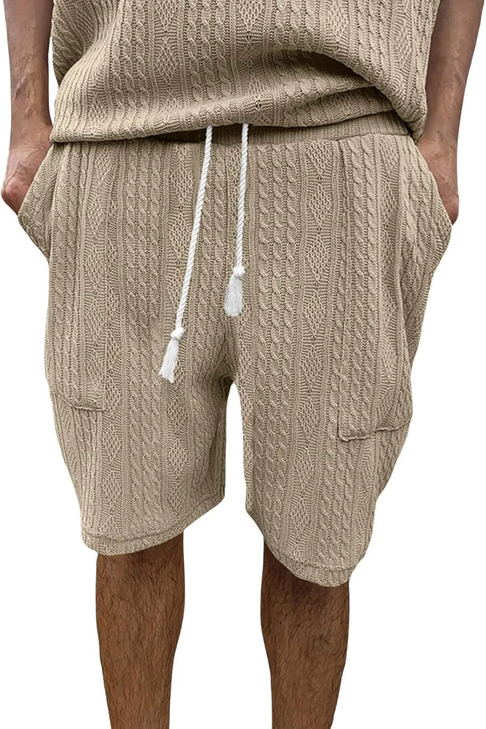 Mens Cozy Casual Shorts Expandable Drawstring Waisted Textured Solid Bermuda Summer Lightweight Comfortable Daily Home Pants