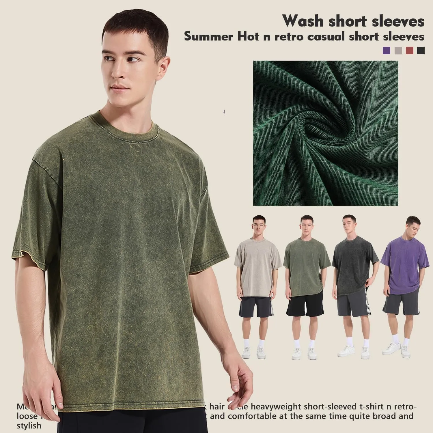 Men's Heavyweight Cotton T-Shirt 300GSM Thick Fabric, Classic Crew Neck Short Sleeve Casual Tee for Men