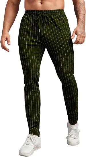 Mens Lightweight Casual Pants Striped Tight Stretch Quick Drying Outdoor Street Trousers Drawstring High Waisted Tapered Pant