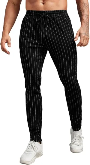Mens Lightweight Casual Pants Striped Tight Stretch Quick Drying Outdoor Street Trousers Drawstring High Waisted Tapered Pant