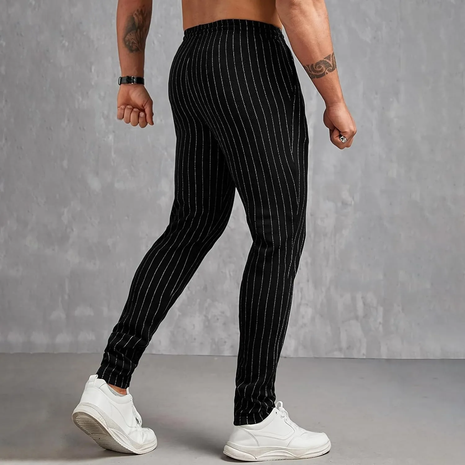 Mens Lightweight Casual Pants Striped Tight Stretch Quick Drying Outdoor Street Trousers Drawstring High Waisted Tapered Pant