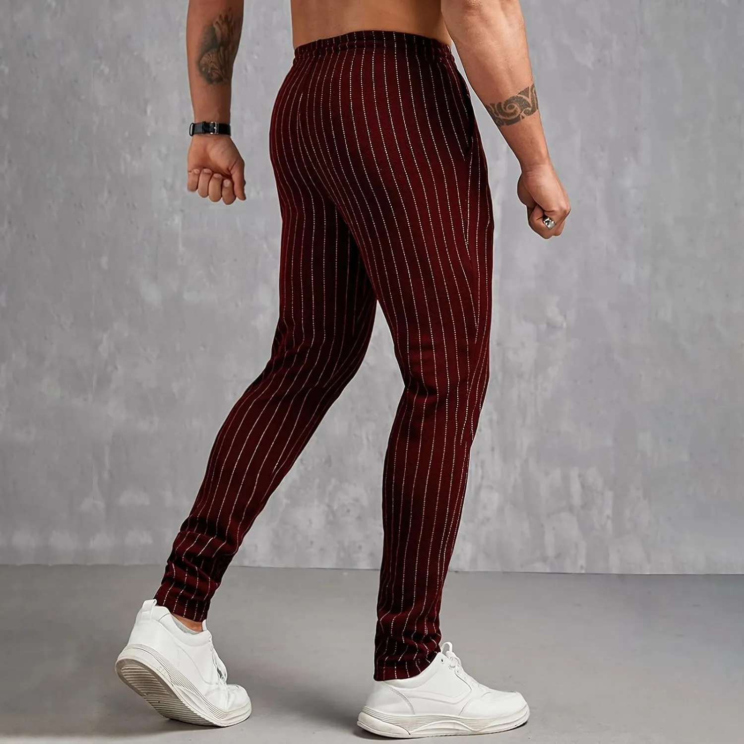 Mens Lightweight Casual Pants Striped Tight Stretch Quick Drying Outdoor Street Trousers Drawstring High Waisted Tapered Pant
