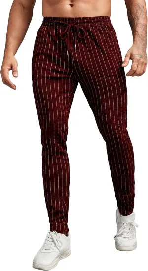 Mens Lightweight Casual Pants Striped Tight Stretch Quick Drying Outdoor Street Trousers Drawstring High Waisted Tapered Pant