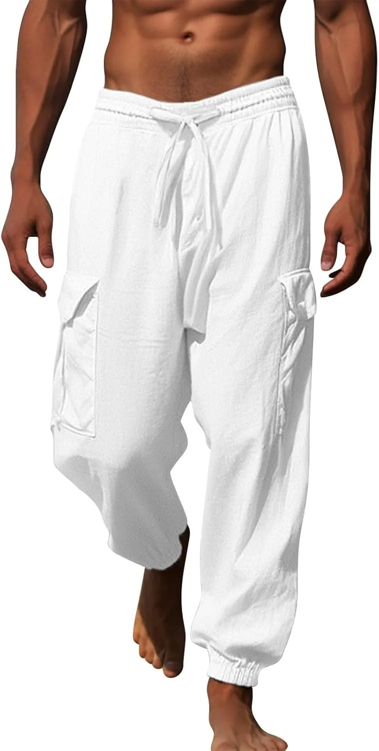 Mens Lightweight Quick Drying Flowy Casual Loose Trousers Cotton and Linen Long Pants Drawstring High Waisted Tapered Pants