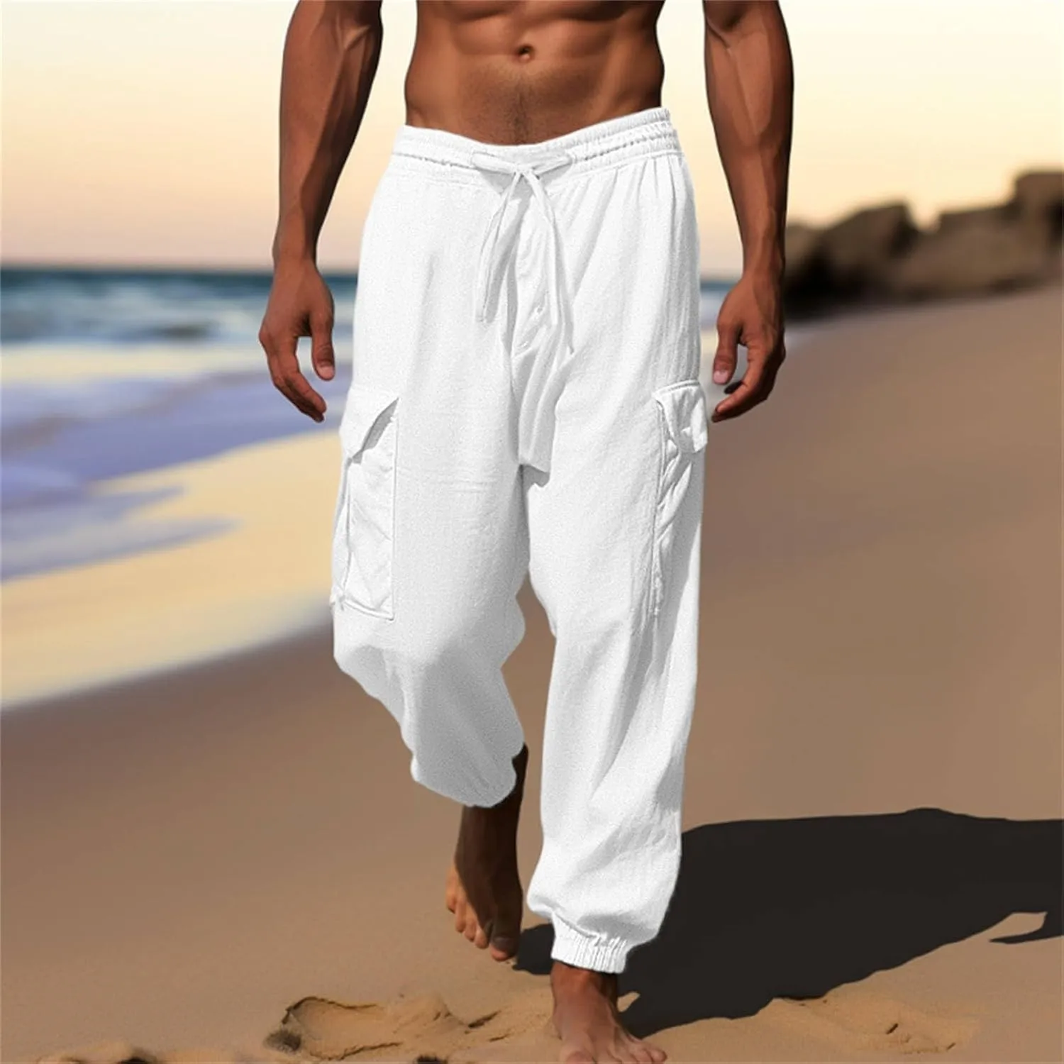 Mens Lightweight Quick Drying Flowy Casual Loose Trousers Cotton and Linen Long Pants Drawstring High Waisted Tapered Pants