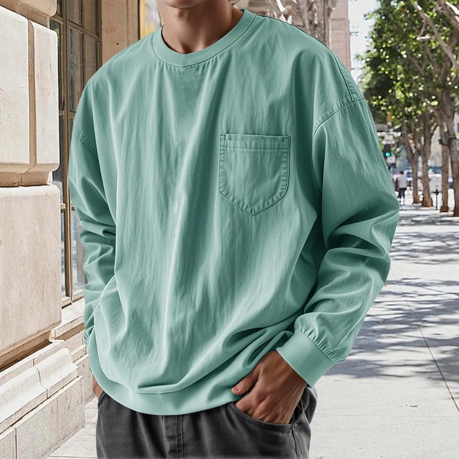 Mens Long Sleeve Oversized Tshirts 2025 Crewneck Classic Round Neck T-Shirt Casual Distressed Washed Tops with Pocket