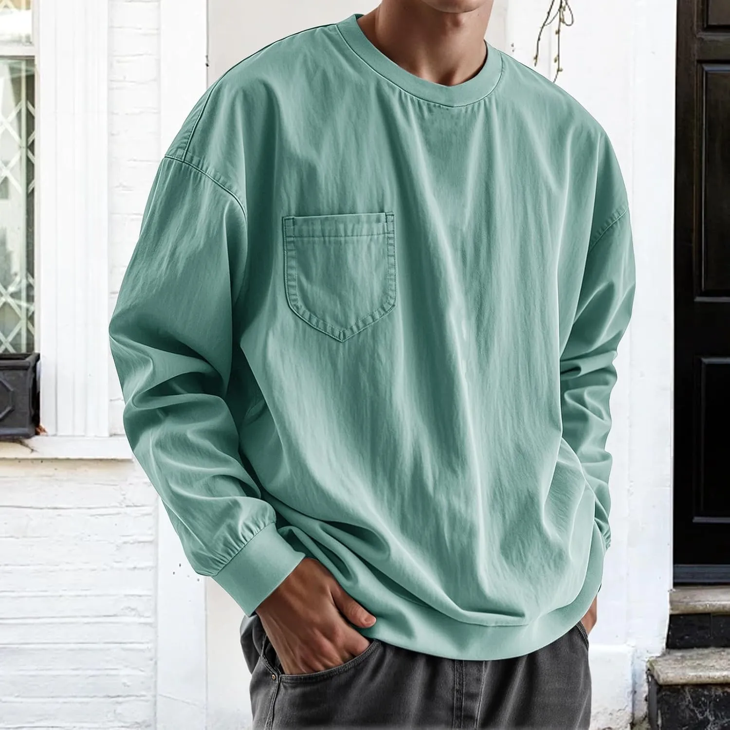 Mens Long Sleeve Oversized Tshirts 2025 Crewneck Classic Round Neck T-Shirt Casual Distressed Washed Tops with Pocket