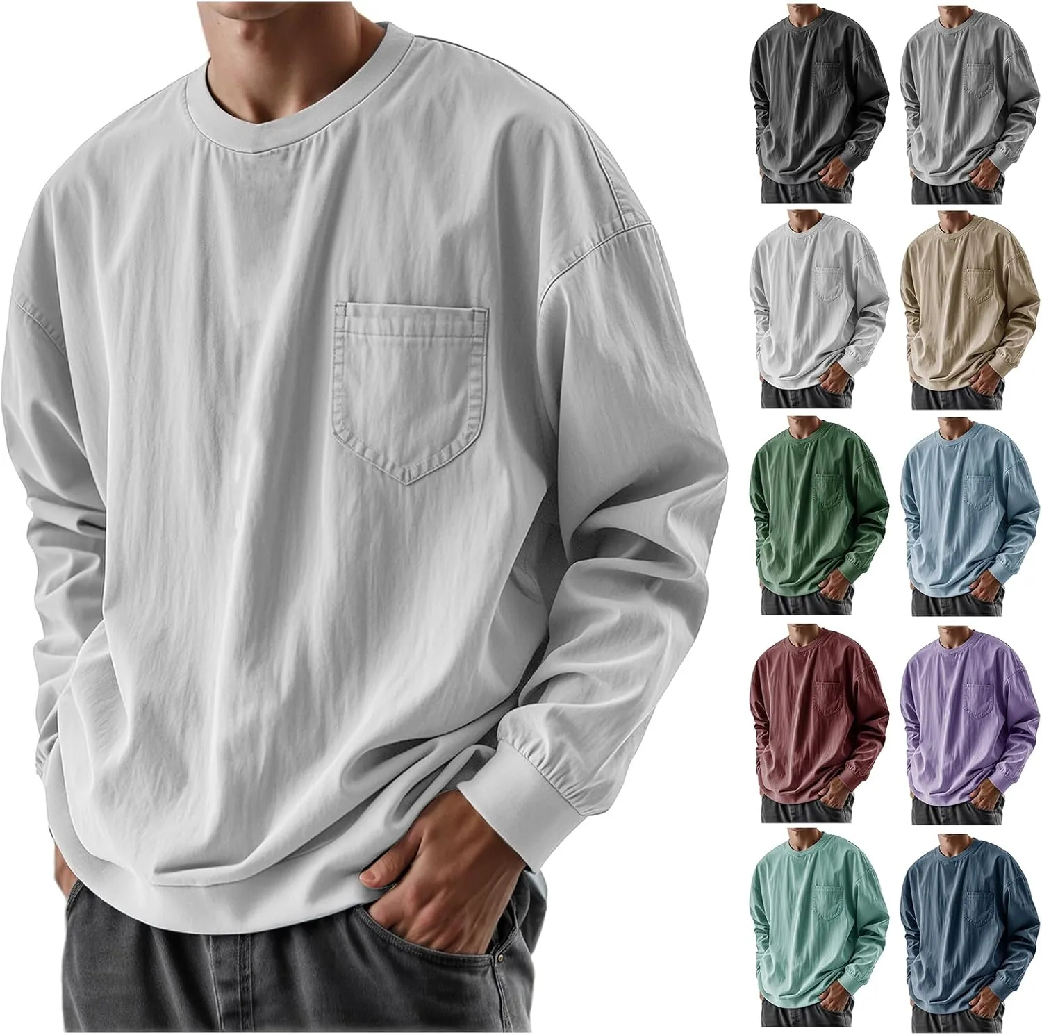 Mens Long Sleeve Oversized Tshirts 2025 Crewneck Classic Round Neck T-Shirt Casual Distressed Washed Tops with Pocket