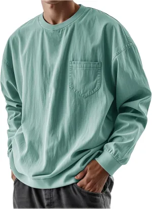 Mens Long Sleeve Oversized Tshirts 2025 Crewneck Classic Round Neck T-Shirt Casual Distressed Washed Tops with Pocket