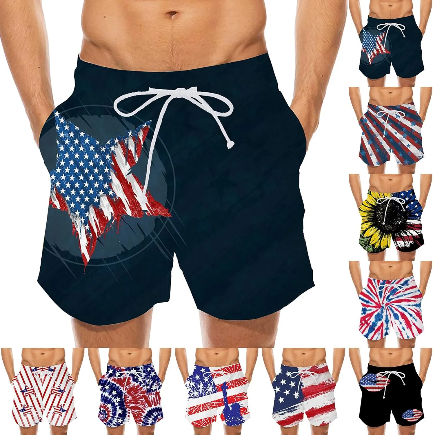 Mens Patriotic Graphic Shorts Independence Day Drawstring Elastic Waisted Casual Capris Combat Lightweight Drying Sportwear