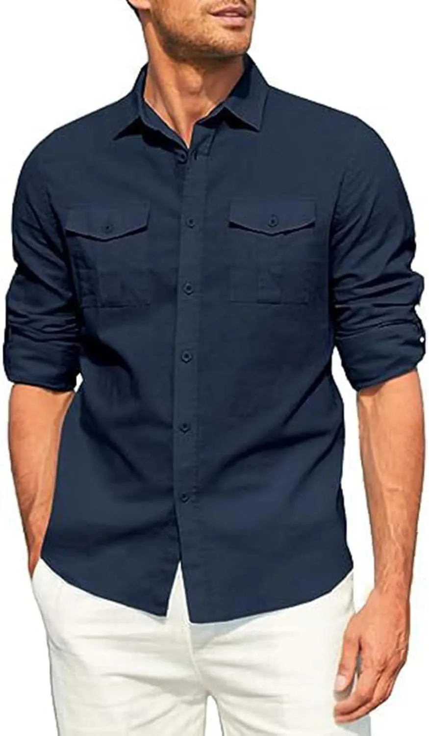 Mens Plus Size Cotton Linen Shirt Combat Tactical Business Long Sleeve Top Regular Fit Casual Button Down Lapel Collar Shirts