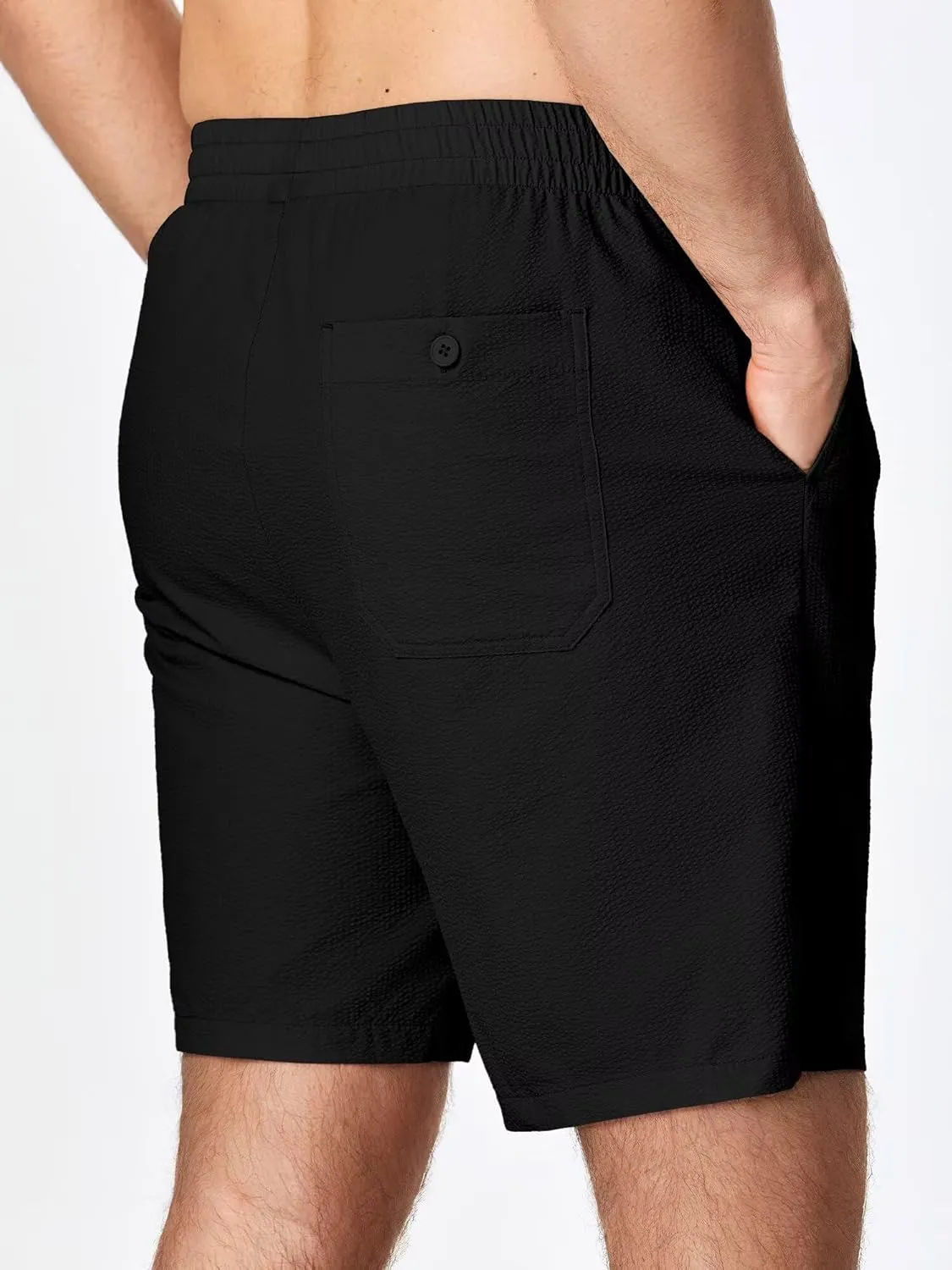 Mens Seersucker Shorts Casual Elastic Waist Drawstring Shorts Stretch Summer Beach Vacation Shorts with Pockets