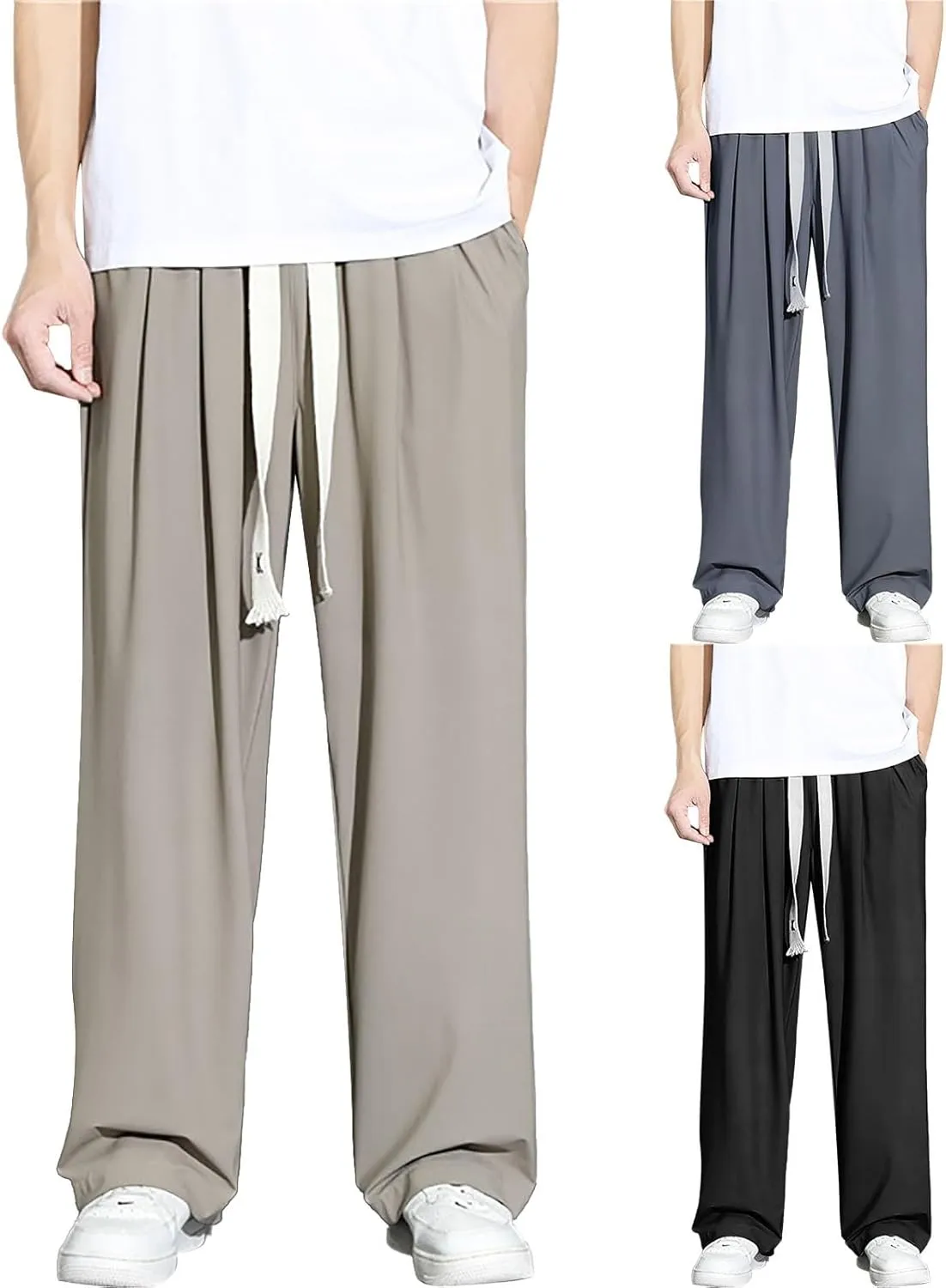 Mens Straight Casual Pants Lightweight Breathable Drawstring Quick Drying Loose Trousers Summer Solid Outdoor Traveling Pants