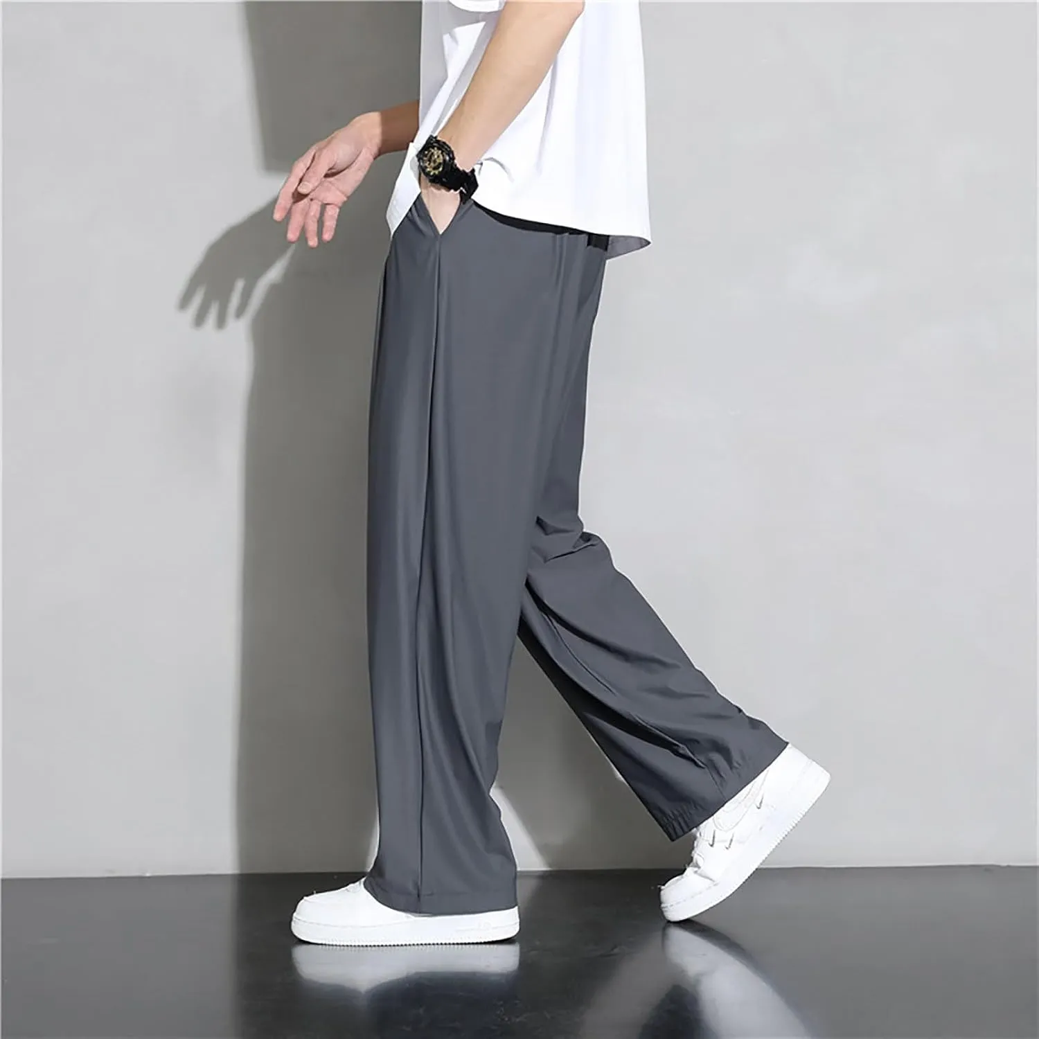 Mens Straight Casual Pants Lightweight Breathable Drawstring Quick Drying Loose Trousers Summer Solid Outdoor Traveling Pants