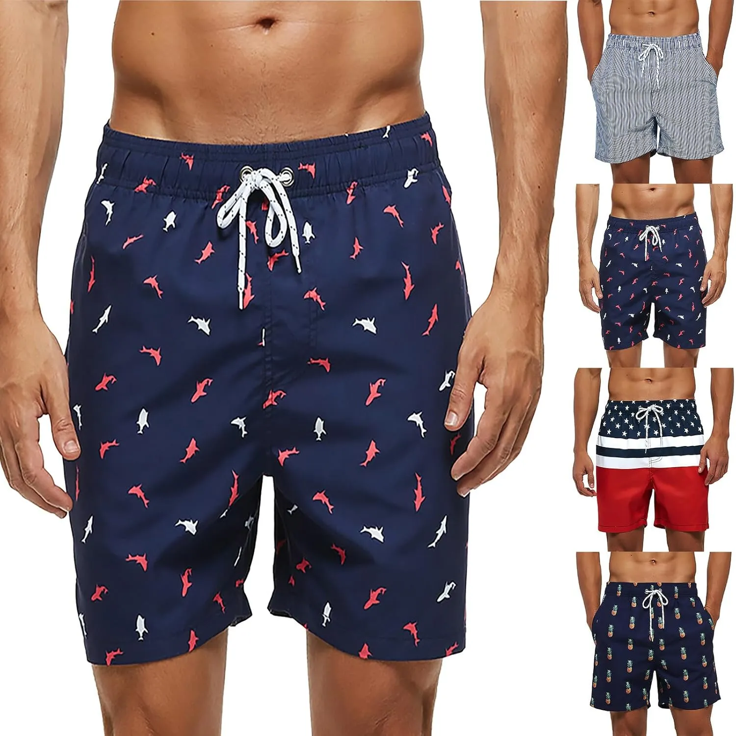 Mens Summer Printed Shorts Holiday Beach Vacation Lightweight Quick Drying Combat Pants Military Tactical Drawstring Bermuda