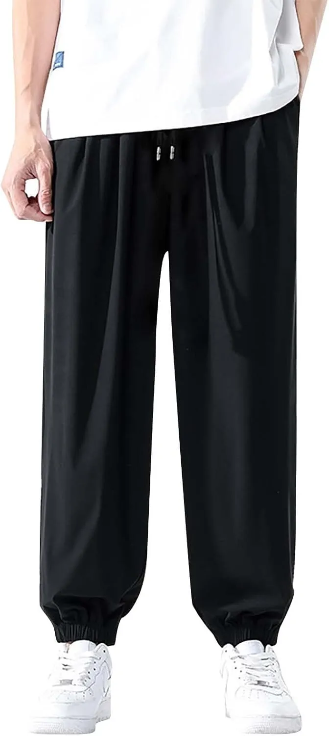 Mens Summer Trousers Lightweight Breathable Drawstring Straight Casual Tapered Pants Solid Cozy Fashion Combat Traveling Pant