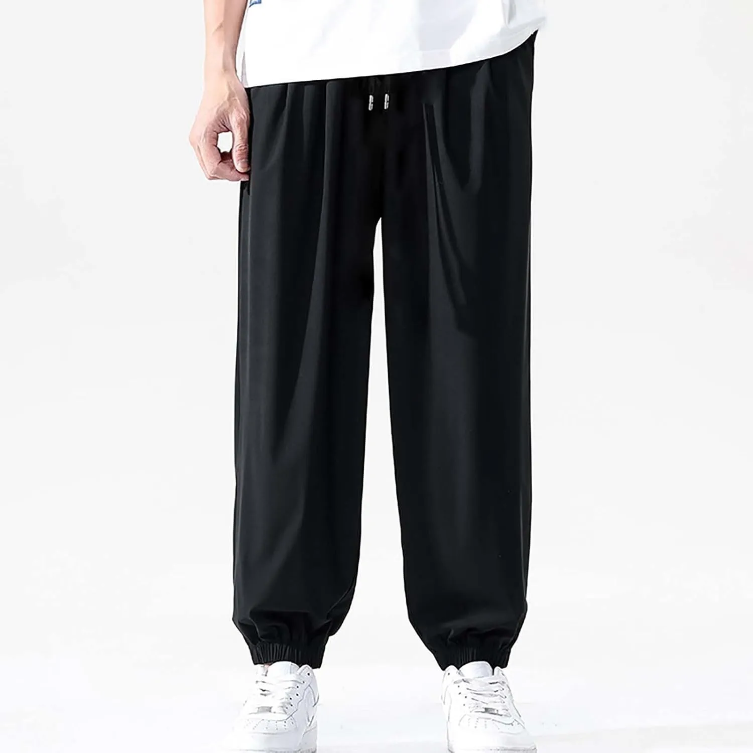 Mens Summer Trousers Lightweight Breathable Drawstring Straight Casual Tapered Pants Solid Cozy Fashion Combat Traveling Pant