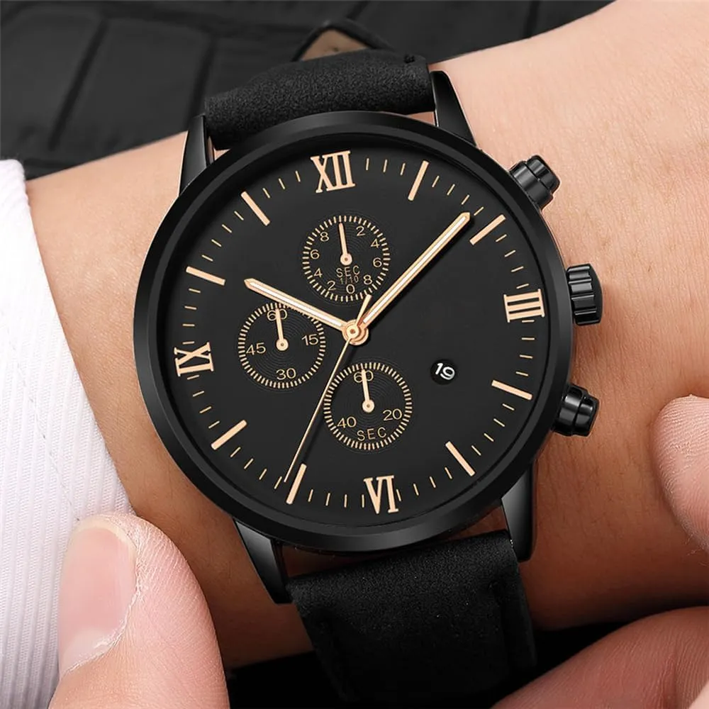 Mens Watches, Chronograph Analog Quartz Movement Dress Watch Casual Leather Band Date Watches for Men Roman Numerals Classic Business Wrist Watch