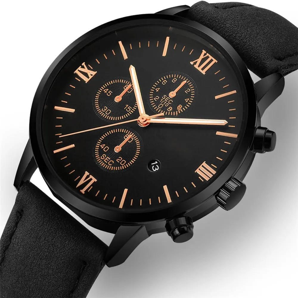 Mens Watches, Chronograph Analog Quartz Movement Dress Watch Casual Leather Band Date Watches for Men Roman Numerals Classic Business Wrist Watch