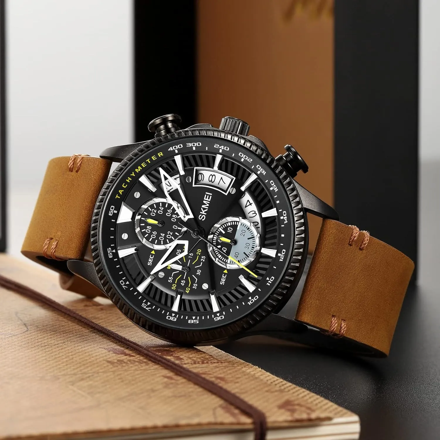 Men's Watches Chronograph Mens Watch Genuine Leather Business Dress Analog Quartz Men's Wristwatches Large Face Watches Chronograph Date Waterproof Gifts for Father
