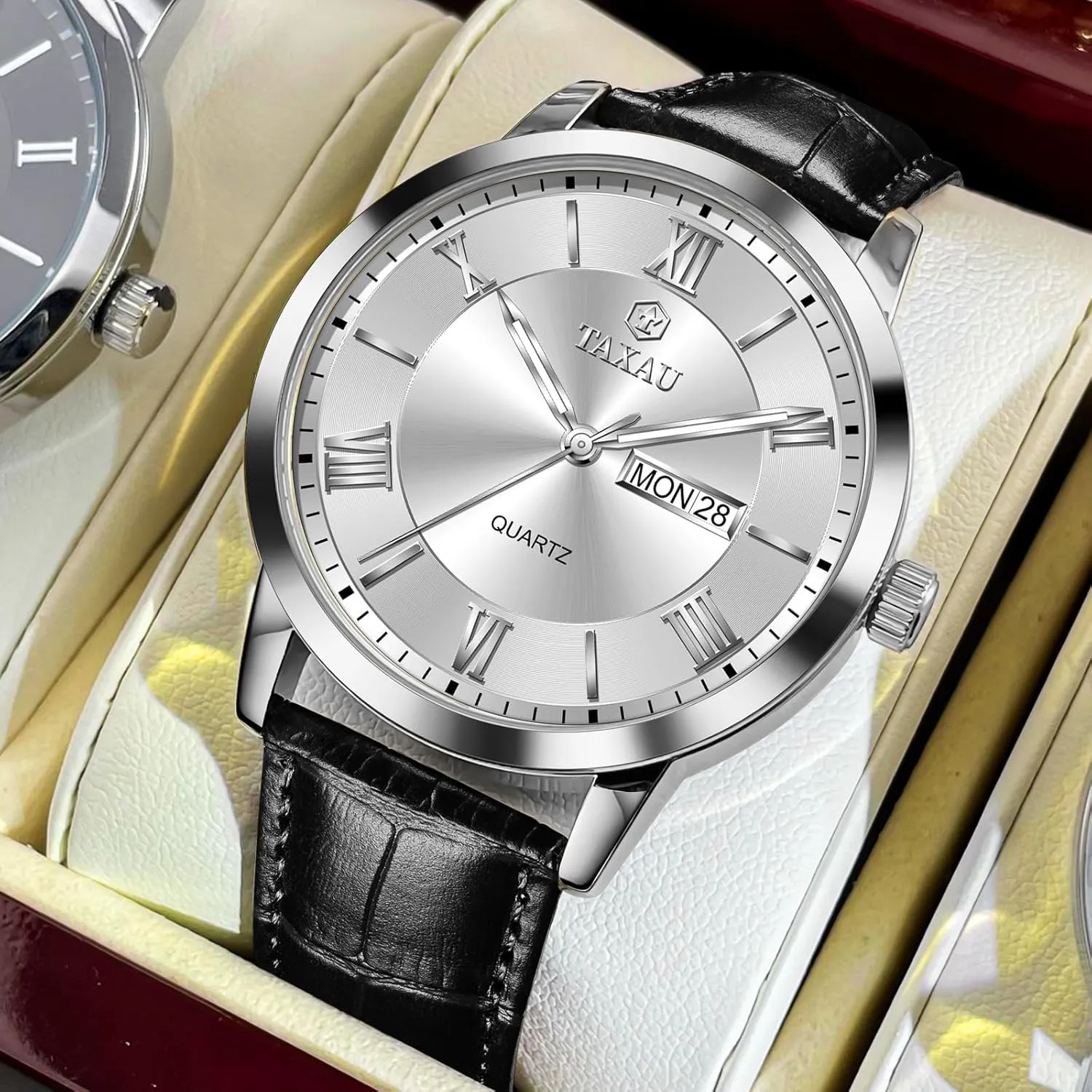 Mens Watches Waterproof Leather Watch for Men Dress Luxury Analog Quartz Watch Casual Large Number Wrist Watch Day Date Classic Watches Easy Read Big Face reloj para Hombre
