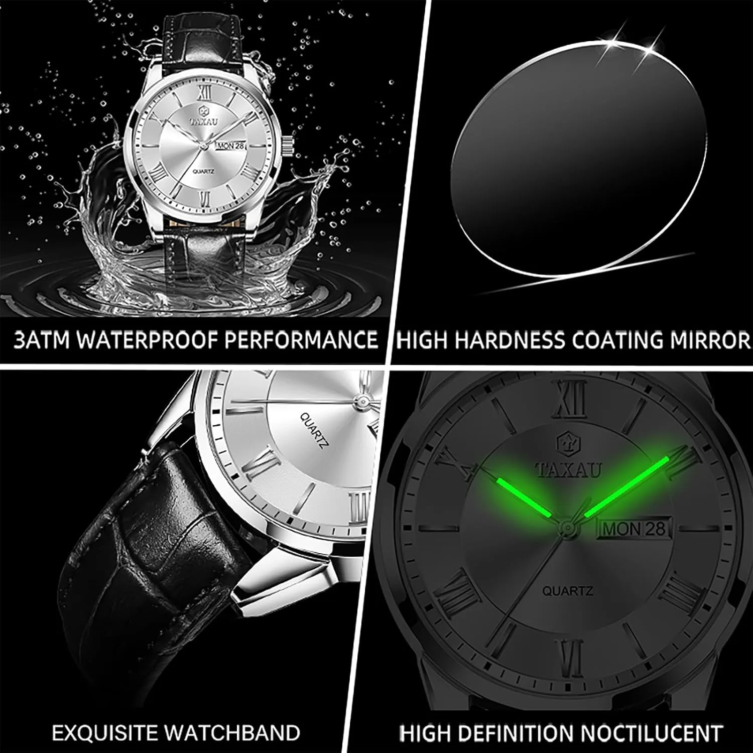 Mens Watches Waterproof Leather Watch for Men Dress Luxury Analog Quartz Watch Casual Large Number Wrist Watch Day Date Classic Watches Easy Read Big Face reloj para Hombre