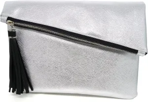 Metallic Vegan Leather Envelope Clutch Purse Evening Bag with Tassel for Women