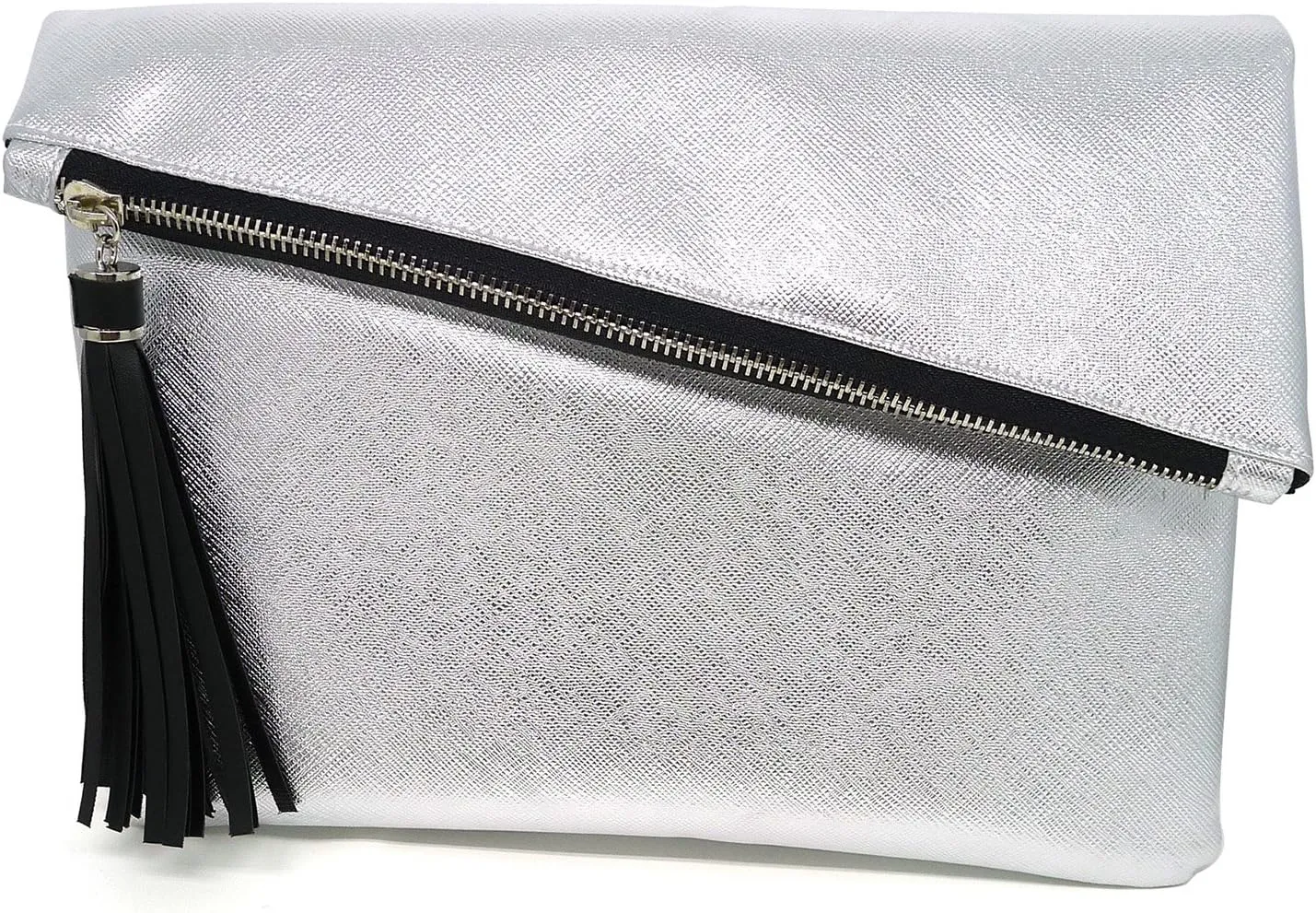 Metallic Vegan Leather Envelope Clutch Purse Evening Bag with Tassel for Women