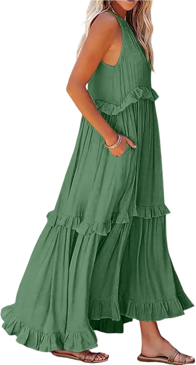 midelxp Smocked Halter Dresses for Women 2025 Classy Boho Chic Tiered Ruffle Dress Sleeveless Long Flowy Dresses with Pockets