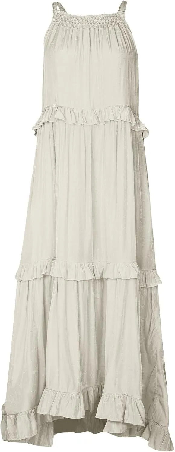 midelxp Smocked Halter Dresses for Women 2025 Classy Boho Chic Tiered Ruffle Dress Sleeveless Long Flowy Dresses with Pockets