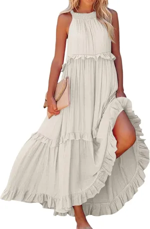 midelxp Smocked Halter Dresses for Women 2025 Classy Boho Chic Tiered Ruffle Dress Sleeveless Long Flowy Dresses with Pockets