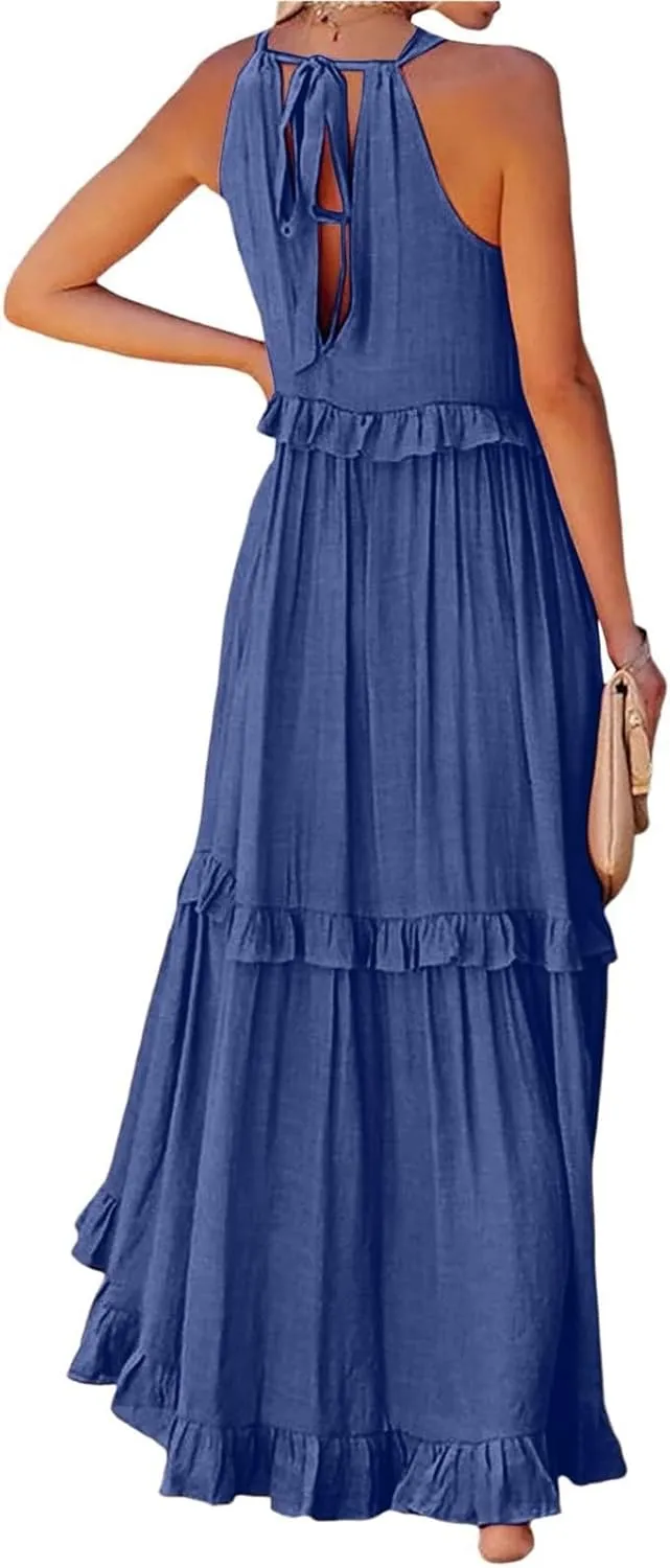 midelxp Smocked Halter Dresses for Women 2025 Classy Boho Chic Tiered Ruffle Dress Sleeveless Long Flowy Dresses with Pockets