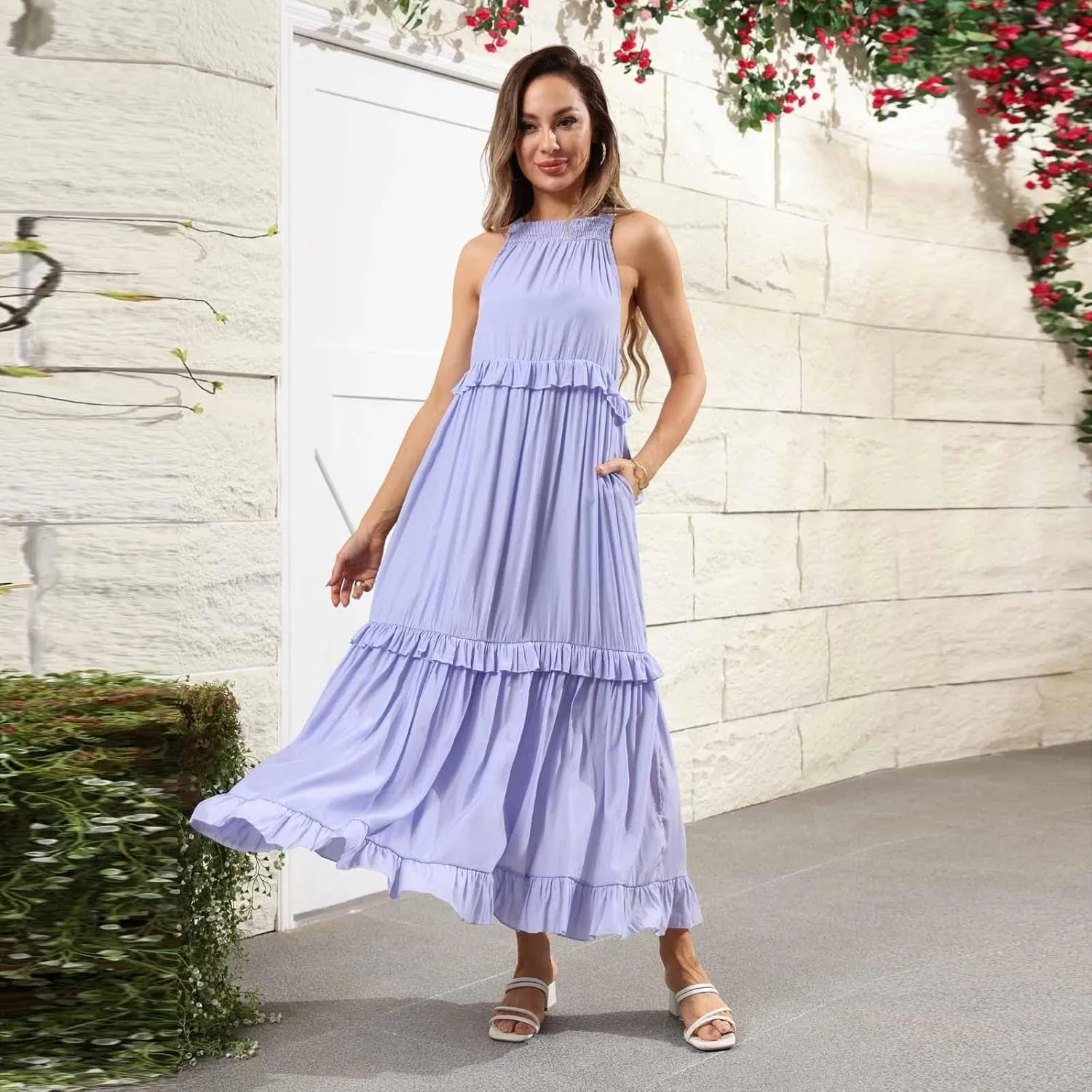 midelxp Smocked Halter Dresses for Women 2025 Classy Boho Chic Tiered Ruffle Dress Sleeveless Long Flowy Dresses with Pockets