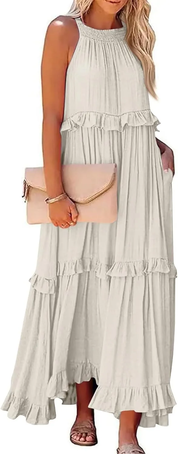 midelxp Smocked Halter Dresses for Women 2025 Classy Boho Chic Tiered Ruffle Dress Sleeveless Long Flowy Dresses with Pockets