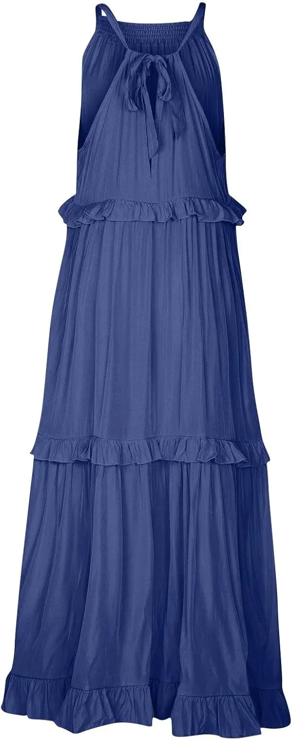 midelxp Smocked Halter Dresses for Women 2025 Classy Boho Chic Tiered Ruffle Dress Sleeveless Long Flowy Dresses with Pockets