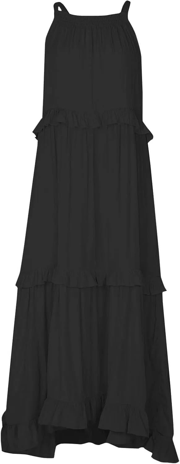 midelxp Smocked Halter Dresses for Women 2025 Classy Boho Chic Tiered Ruffle Dress Sleeveless Long Flowy Dresses with Pockets
