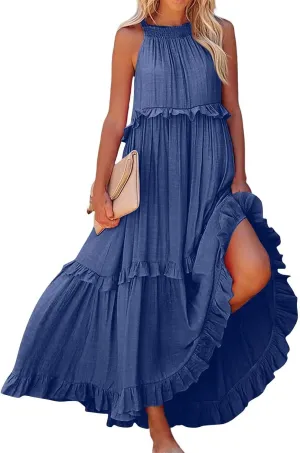 midelxp Smocked Halter Dresses for Women 2025 Classy Boho Chic Tiered Ruffle Dress Sleeveless Long Flowy Dresses with Pockets