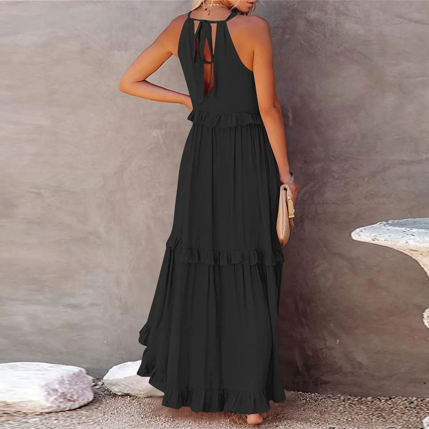 midelxp Smocked Halter Dresses for Women 2025 Classy Boho Chic Tiered Ruffle Dress Sleeveless Long Flowy Dresses with Pockets